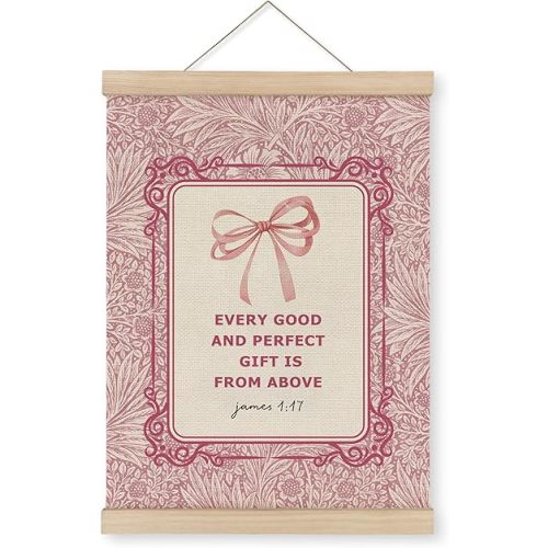 MAQIKA Pink Bow Christian Poster Framed with Wood Hanger, Christian Bible Verse Hanging Wall Decor, Girly Coquette Wall Art, James 1:17 Canvas Wall Art Prints for Christian Girls Women 12x16 Inch