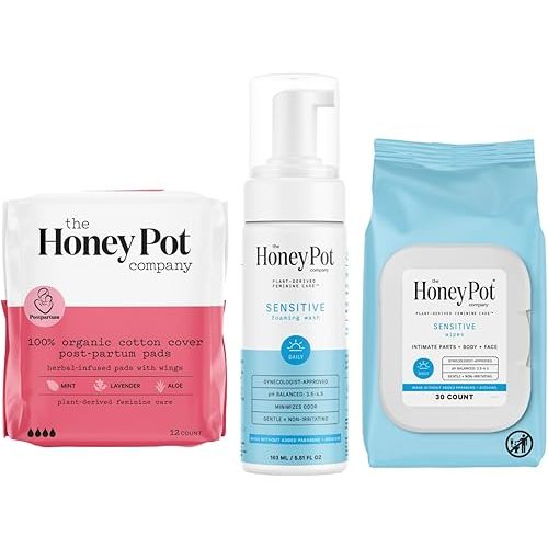 The Honey Pot Company - Postpartum Pads, Sensitive Feminine Wash & Wipes Bundle - Herbal Infused & PH Balanced Natural Hygiene Feminine Products - Postpartum Essentials - Feminine Care