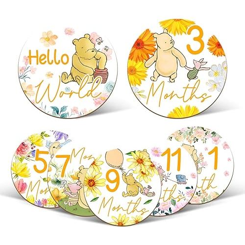 7 Pcs Winnie Baby Monthly Milestone Circles, Winnie Double Sided Baby Months Wooden Signs with Storage Bags, Baby Monthly Announcement Wooden Discs, Milestone Pictures of Your Newborn Boy & Girl