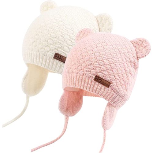 Duoyeree Kids Baby Hat Soft Warm Cable Knit Beanie Toddler Girl Fall Winter Hats - Bear White and Pink - 0-6 Months