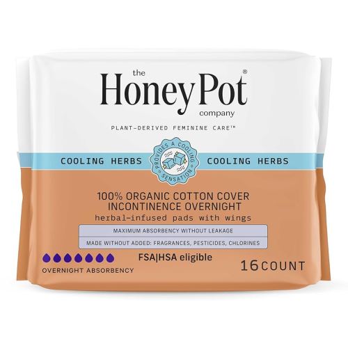 The Honey Pot Company - Herbal Pads for Women - Organic Incontinence Overnight w/Wings - Infused w/Essential Oils for Cooling Effect - Postpartum Essentials - Feminine Care - FSA & HSA - 16 ct