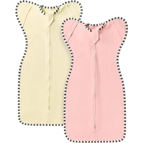Transition Swaddle, 2 Pack 100% Cotton Baby Sleep Sack, 2-Way Zipper Infant Arm Up Swaddle for Newborn Baby Boys Girls (Pink + Beige, S(0-3 Months))