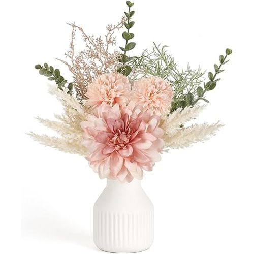 Mkono Small Artificial Flowers in Ceramic Vase 13.5" Centerpieces Coffee Table Decor, Silk Flower Arrangements for Home Decor Indoor Fake Flower Bouquet for Dining Room Kitchen Wedding Pink