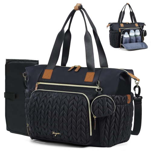 Diaper Bag Tote, Large Diaper Bags Waterproof, Hospital Bag for Labor Delivery, Baby Bag with Pacifier Case, Travel Diaper Tote with Changing Pad, Black
