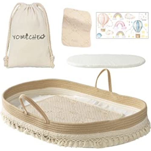 YOMECHEO Baby Changing Basket, Diaper Changing Basket for Baby, Boho Nursery Decor Changing Table Baskets for Dresser with Extra Foam Cushion, Waterproof Changing Mat, Storage Bag & Adorable Stickers