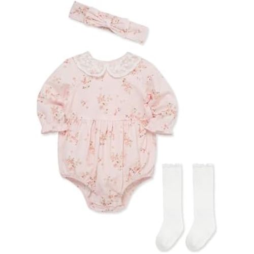 Little Me Clothes for Baby Girls' Woven Bubble Romper, Matching Headband, and Socks Set, 3 Months to 12 Months