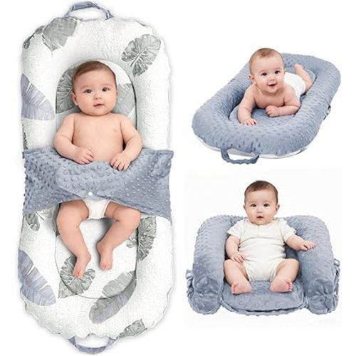 Baby Lounger, 3-in-1 Portable Infant Lounger for Newborns 0-24 Months, Foldable Tummy Time Pillow and Sitting Seat with Removable Cover, Dual-Sided 100% Cotton and Velvet, Ideal Baby Shower Gift