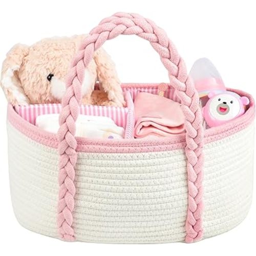 Baby Diaper Caddy, Portable Diaper Organizer for Changing Table, Car Travel Girls Shower Gifts Newborn Essentials, Cotton Rope Nursery Storage Basket for Girls (White＆Pink)