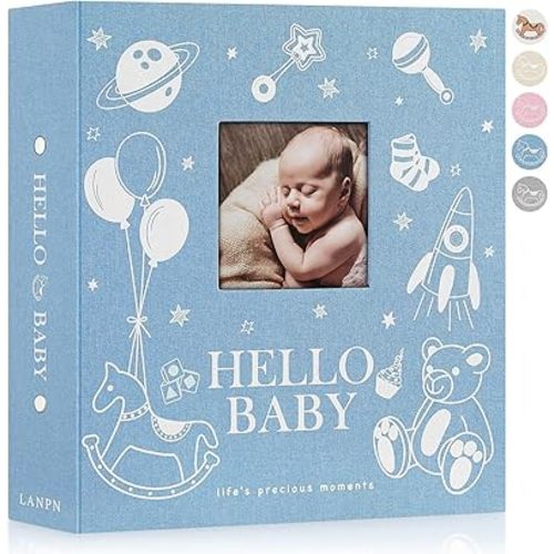 Lanpn Baby Photo Album 4x6 600 Pockets, Linen Cover Photo Book Newborn Bebe Album Memory Book with Front Window Holds 600 Horizontal and Vertical Pictures Gift for Boy Girl Baby Shower Blue