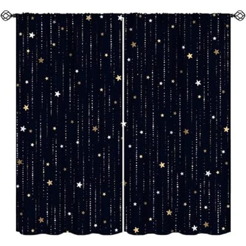 Night Starry Sky Curtains, Golden Space Stars Fantasy Galaxy Universe Black Cosmic with Gold White Star Rain Print Window Curtains for Kids Bedroom Living Room, 42x54 Inch (No Blackout)
