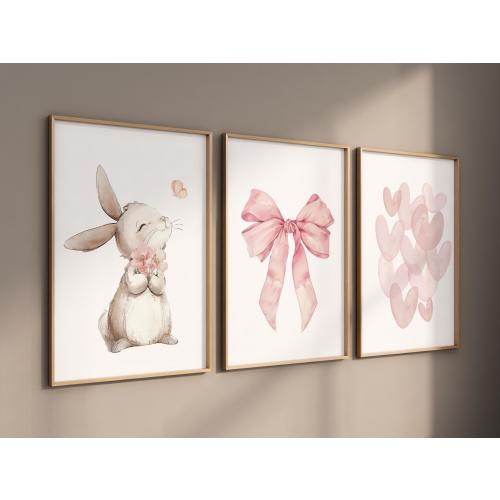 Blush Bunny Nursery Wall Art Set, Pink Bow and Heart Prints, Baby Girl Room Decor, Watercolor Rabbit Poster, Soft Pastel Animal Art