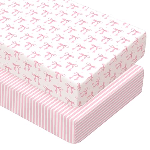 Peryiter 2 Pack Bow Crib Sheets for Girls Coquette Bed Sheet Set Fitted 52'' x 28" for Standard Crib Mattress Stretchable Soft Toddler Aesthetic Nursery Decor(Pink)