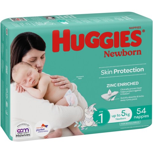 Huggies Newborn Nappies Size 1 (up to 5kg) 54 Pack