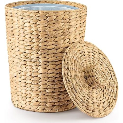 3 Gallons Wicker Woven Waste Basket with Lid - Water Hyacinth Trash Can for Office Garbage - Handwoven WasteBaskets for Bedroom, Bathroom, Kitchen, Living Room - Seagrass Storage Trashcan Boho