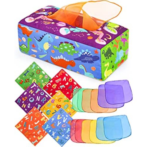 DINORUN Baby Tissue Box Toy - Baby Toys 6-12 Months, Montessori Toys for Babies 6-12 Months with Crinkle, Infant Sensory Toys Baby Christmas Stocking Stuffers Learning Toy