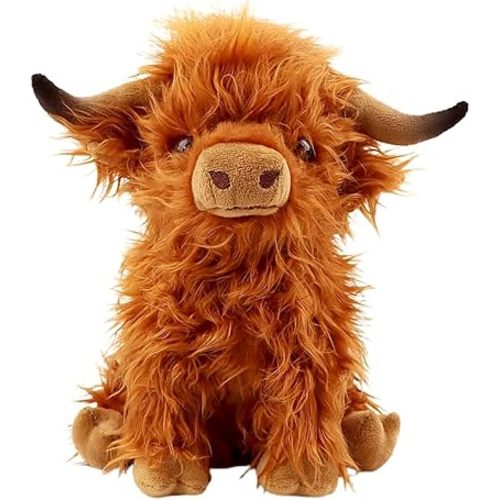 OROZCOR Highland Cow Stuffed Animal, Cute Fluffy Cow Plush Figure Toys,Realistic Farm Highland Cattle Plush Decor Gifts for Kids Baby Girls Boys (Brown Highland Cow)