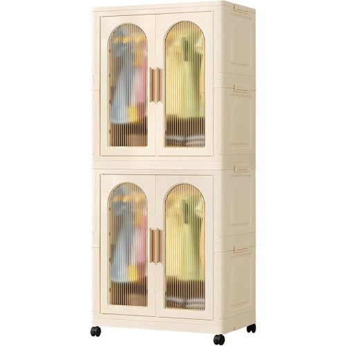 Portable Kids Closet Children's Wardrobe Collapsible Plastic Large Baby Clothes Cabinet Bedroom Nursery Armoire Quick Install Toddler Dresser with Hanging Rod and Door,Large 2 Cubes,White