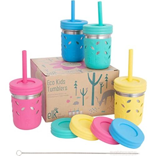 Elk and Friends Stainless Steel Cups |10 oz Mason Jar design | Kids & Toddler Cups with Silicone Sleeves & Straws with Stopper | Smoothie Cups, Pink/Teal/Yellow/Blue, 4 Cups