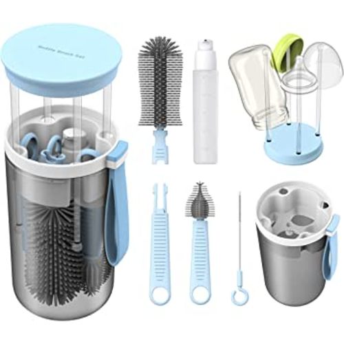 Travel Baby Bottle Brush Set with Extendable Liquid Silicone Bottle Brush,Nipple Brush,Built-in Bottle Drying Rack,Straw Cleaner Brush,Baby Bottle Soap Dispenser,Bottle Warmer (Blue)