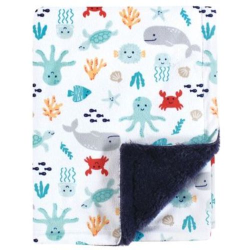 Hudson Baby Boys Plush Blanket With Furry Binding And Back, Sea Characters, One Size