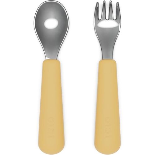 Lalo Utensils - Toddler Fork and Spoon Set - Stainless Steel and Silicone Ergonomic Toddler Utensils - Children Safe Flatware Set - 2 Pieces - Honey