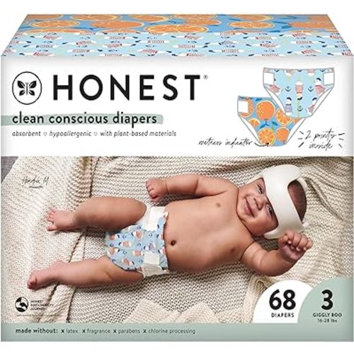 The Honest Company Clean Conscious Diapers | Plant-Based, Sustainable | Orange You Cute + Feeling Nauti | Club Box, Size 3 (16-28 lbs), 68 Count