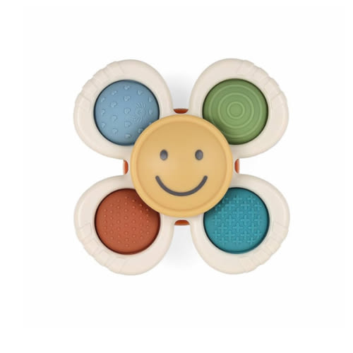 Itzy Ritzy Pop & Whirl – Fidget Spinner Travel & Bath Toy for Babies & Toddlers – Fidget w/Textured Silicone Poppers to Develop Fine Motor Skills – Sticks to Highchairs, Tables, Tubs More (Smile)
