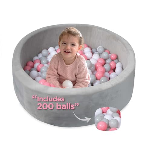 Nuby Velvet Ball Pit, Soft Play Foam Ball Pits for Baby and Toddlers with 200 Colored Balls Included, Ball Pit Playpen, Indoor Play Gym, Outdoor Play Ball Pit for Babies, Bounce Ball Game Pink & Gray