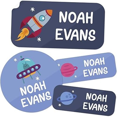 Personalized Daycare Name Labels for Kids, (130 Pack) Waterproof Custom Name Stickers for Clothing Tags, Lunch Boxes and School Supplies, Made in USA by MSC -Space