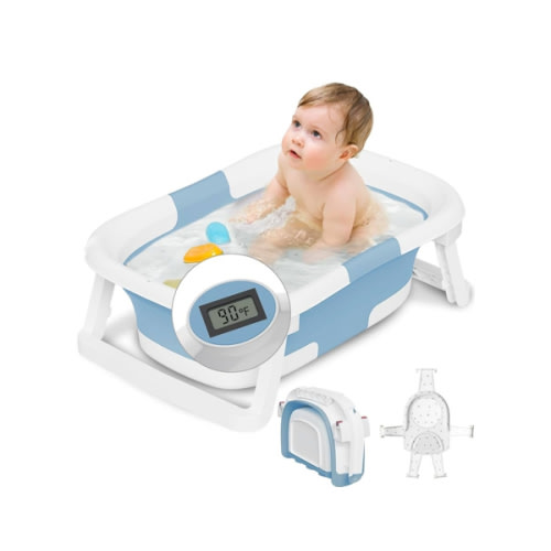 Collapsible Baby Bathtub with Cushion and Thermometer in color Pale Blue