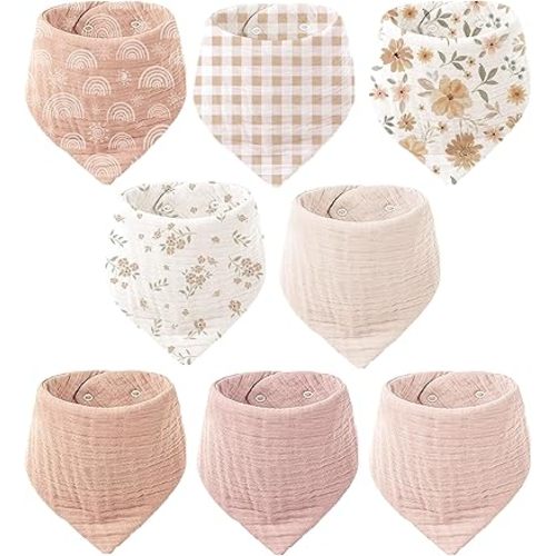 Konssy Muslin Baby Bibs 8 Pack Bandana Drool 100% Cotton for Unisex Baby, Solid Colors Set Teething and Drooling