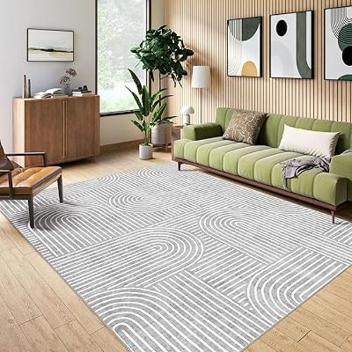 Washable Area Rug 5x7 - Boho Living Room Rug Stain Resistant Soft Bedroom Rug Ultra-Thin Grey Modern Abstract Rainbow Dining Room Rugs Indoor Carpet for Living Room Nursery Room