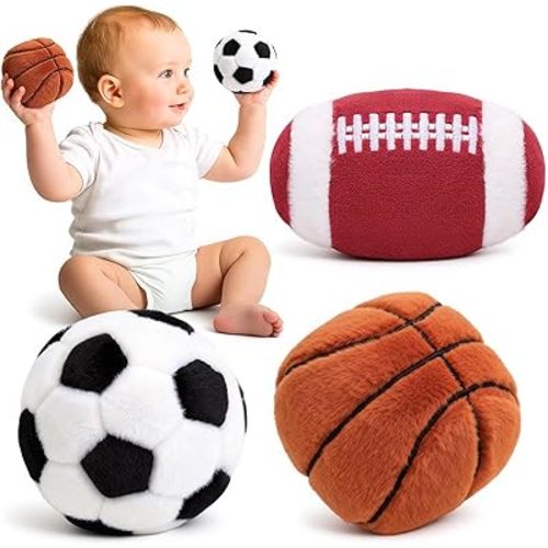 Baby Ball Toys 0-6 Months, Newborn Plush Rattle 3pcs Football Basketball Soccer Sports Set-Sensory Toys with Rattles for 0 3 6 9 12 Months Infant Boys Girls Birthday or Shower Gifts