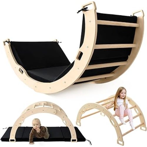 Sherilyn Kids Climber Arch Rocker with Cushion Black, Montessori Climber Indoor Climbing Toys for Toddler, Arch Climber Wooden Indoor Playground for Kids, Large Children Arch Climbing with Cushion