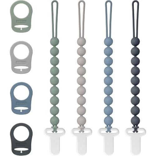 Pacifier Clips Silicone, 4-Pack Pacifier Holder Clip with Stylish Round Design and Adapter Ring for MAM Dummy, 100% Food Grade Silicone, Safe Essentials for Newborns Baby Boys and Girls