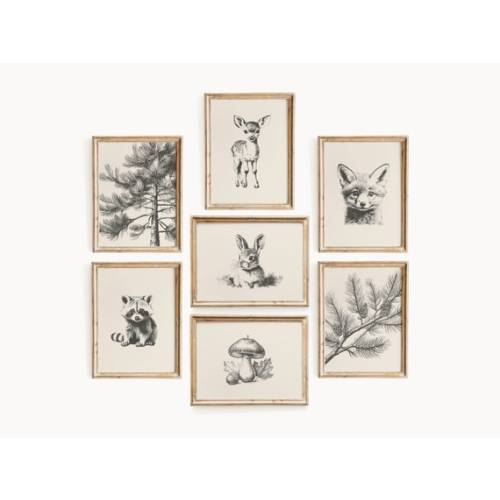 Vintage Woodland Baby Animal Gallery Set of 7 Baby Deer Nursery Wall Art Nature Nursery Decor Baby Fox Print Pine Tree Wall Art - Etsy