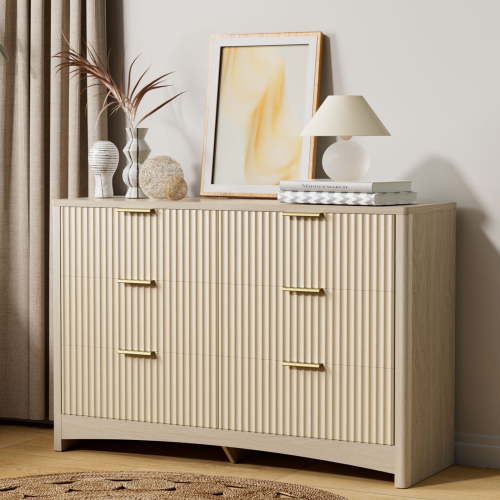 CHITOOMA Fluted Dresser for Bedroom, Modern Wooden 6 Drawer Dresser, Storage Cabine Chest of Drawers for Living Room Hallway, Natural
