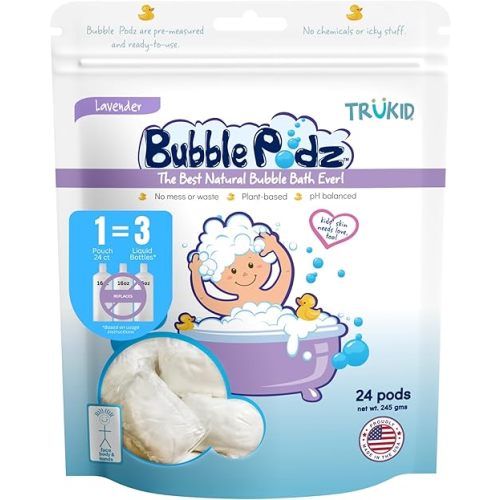 TruKid Bubble Podz Bubble Bath for Kids, Toddlers, & Babies, Tear Free Gentle & Refreshing Bath Bomb for Sensitive Skin with Natural Moisturizers, Non-Toxic, pH Balanced, Lavender Scent (24 Podz)