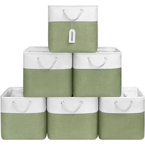 13 x 13 Inch Cube Storage Bins, 6 Pack Fabric Storage Cubes Foldable Storage Cubes with Bold Handles for Organizing Shelf, Closet, Book, Clothes, Toy, Laundry, Office (White&Green)
