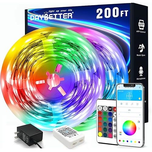 DAYBETTER LED Strip Lights 200 ft (2 Rolls of 100 ft), Smart App Control Lighting Bedroom Rome Decor with Remote, RGB Music Sync Color Changing LED Lights for Party
