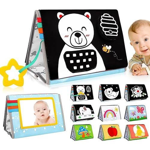 Tummy Time Mirror Baby Toys 0-6 Months - Infant Toys Black and White High Contrast Baby Crinkle Toys 0-3 Months with Teether - Montessori Newborn Brain Development Sensory Toys for Babies