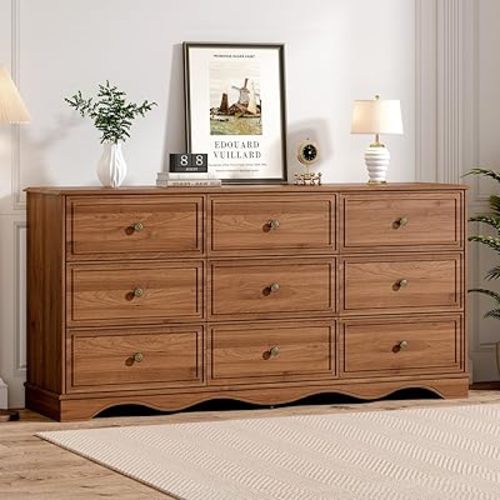 9 Drawer Dresser,63" Wide Mid Century Chest of Drawers,Wooden Bedroom Drawer Dresser with 9 Storage Drawers for Bedroom,Living Room,with Anti-Tipping Device,Umber.1