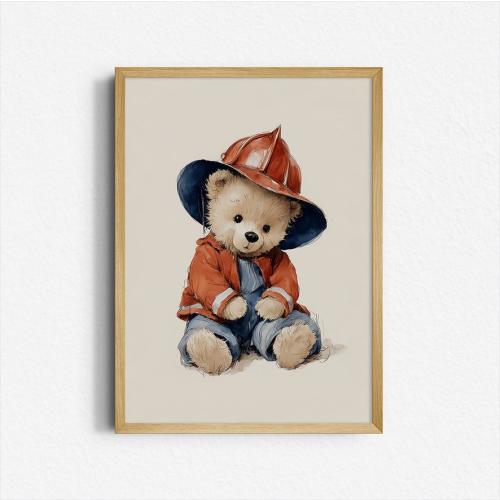 Retro Firefighter Teddy Bear Nursery Print – Kids Wall Art – Cute Bear in Fireman Uniform – Baby Room Decor – Digital Download