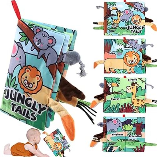 Soft Baby Books, Tummy Time Cloth Toys, 0-6 Months Touch and Feel Sensory Book Jungle Tails for Babies Girls 6 to 12 Months 0-3-4-6-9, Early Learning Toy, Newborn Infant Boy Shower Gifts