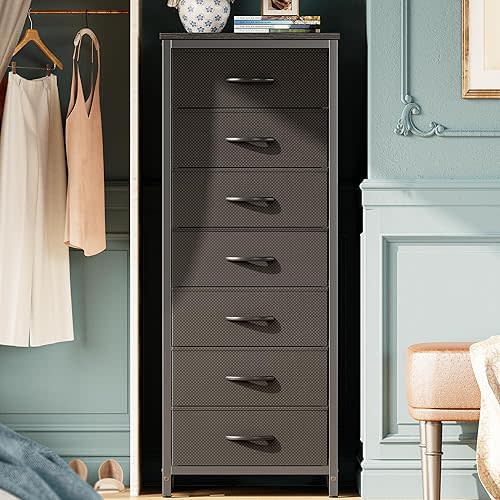 Huuger Tall Dresser for Bedroom, 7 Drawer Dresser & Chests of Drawers, Fabric Dresser for Closet, Bedroom, Night Stand, End Table with Metal Frame, Storage Tower with Fabric Bins, Black