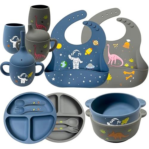 Baby Feeding Set With Plates, Utensils, Adjustable Bib, Suction Bowl, Divided Plate, Straw Cup, First Stage Spoon & Fork