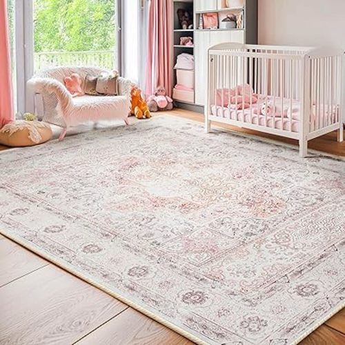 BESTSWEETIE 6x9 Area Rugs Machine Washable No Pile Non Slip Vintage Rugs for Living Room&Bedroom&Dinning Room Bohemian Distressed Carpet Indoor,Pink