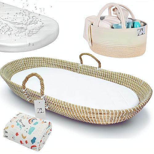 ARRIVED-ZEAL'N LIFE Seagrass Baby Changing Basket, Baby Towel, Diaper Caddy & Waterproof Changing Pad | Portable Diaper Changing Topper for Dresser or Table | A Nursery Essential