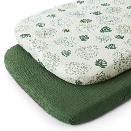 Blissful Diary Muslin Bassinet Sheets for Baby Girls Boys, Boho Soft Cotton Fitted for Oval Hourglass Rectangle Mattress, 2 Pack(Monstera&Dark Green)