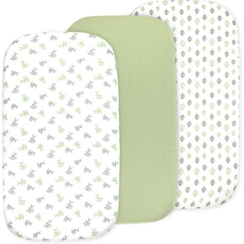 Muslin Bassinet Sheets, 3-Pack 100% Cotton Fitted Bassinet Mattress Sheets, Sage Green, 33x20x4 Bedside Sleeper